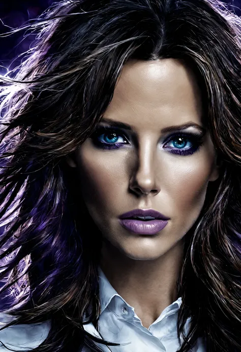 Uma jovem garota (Kate Beckinsale), Zenistu, roupas roxas e brancas, Purple and White Lightning, cabelos brancos, Purple eyes,