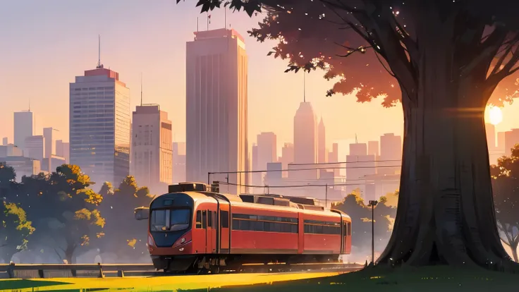 grass,train,city,sunset,buildings,a big tree in the city center