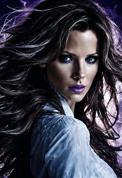 Uma jovem garota (Kate Beckinsale), Zenistu, roupas roxas e brancas, Purple and White Lightning, cabelos brancos, Purple eyes,