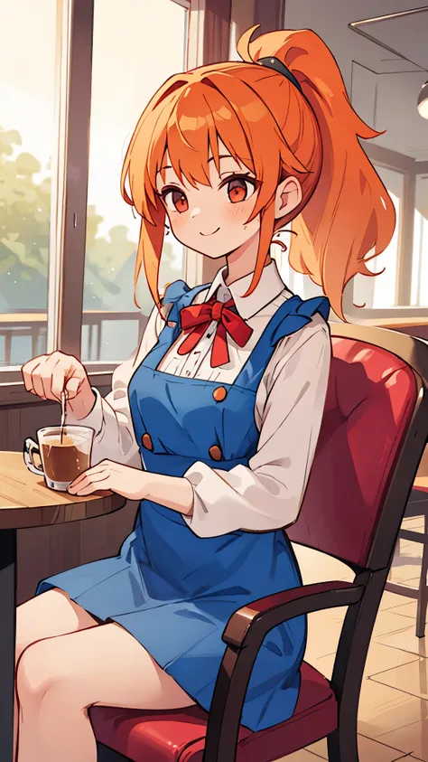 1 girl、White blouse shirt、blue skirt、upper body close-up、orange hair、ponytail、red round eyes、small breasts、smile、From the side、(sitting in a chair) 、((indoor、morning、Cafe))、extremely thick outline