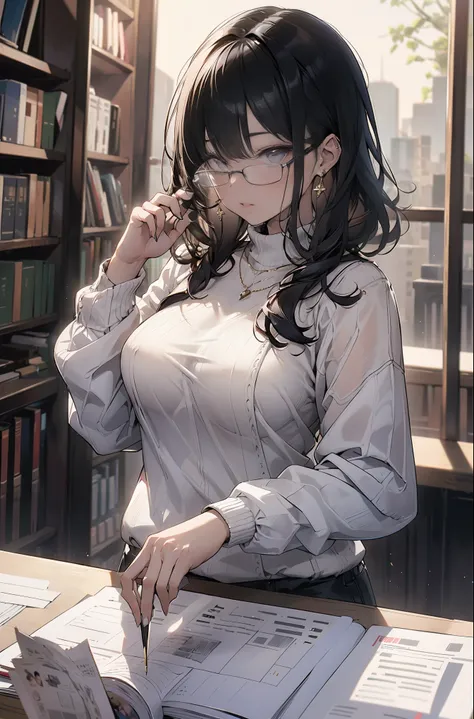 (masterpiece),(highest quality), glasses, (embarrassing),sweater, at the library,large breasts,soft chest,perfect hands,kawaii,r...