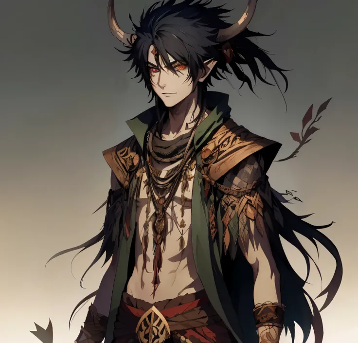 anime character with horns and horned head and long black hair, druida tiefling atraente, Anime Tribal Boy com cabelo longo, druida tiefling sedutor, cute japanese demon boy, handsome guy in demon slayer art, human male demon, man djinn male demon, um retr...