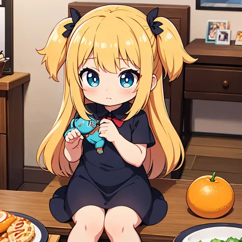 anime girl sitting at a table with a doll and an orange、small loli girl、splash art anime loli、cute girl anime visual、small curva...