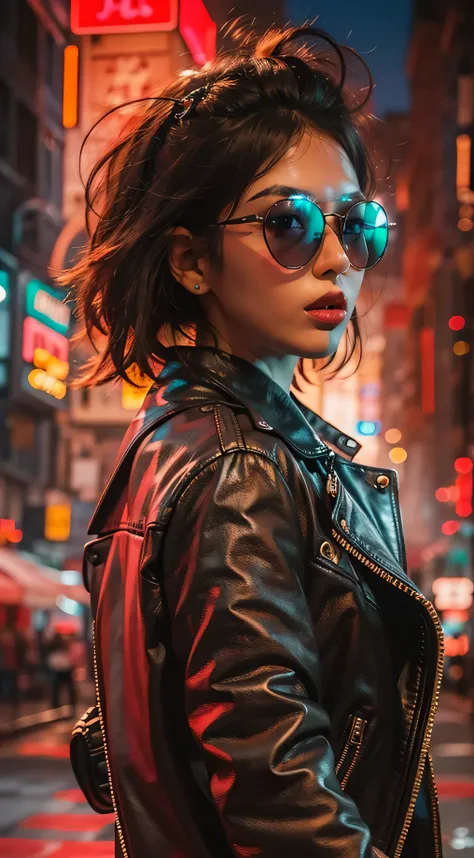 A woman in a leather jacket with red sunglasses and a city behind her, in the style of neon realism, charming characters, action paintings, gadgetpunk, solapunk, colorful street scenes, crimson and amber