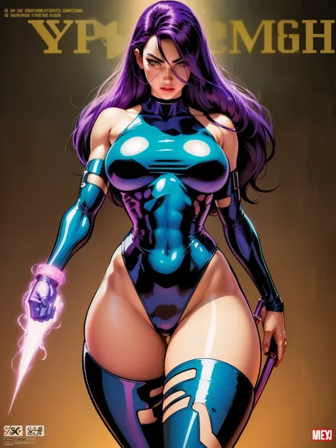 (((comic style, cartoon art))), cinematic. 01, Alone, alone, 18 yeras old, A comic style image of X-Men member Psylocke wearing a blue costume, blue suit, heroic combat Pose. She wears her traditional attire, (((right hand with megenta and violet power))),...