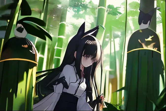 girl in plain white dress holding a Raven in bamboo forest, high quality, in a bamboo forest, girl with wolf ears in her head, black long hair, blue eyes, anime moe style, pixiv, jin homura art style, black raven, giant raven, masterpiece, ((holding raven ...