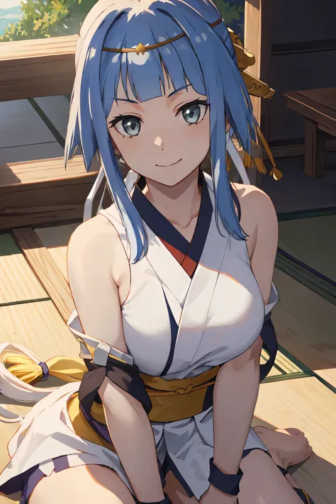 danArtemis, long hair, low ponytail, hair ribbon,
BREAK wearing (armor, japanese armor, kote, kusazuri, naginata, shirt, sideboob, sleeveless, sleeveless shirt, white headband, white shirt:1.2)
BREAK leaning forward, looking at viewer, smile, from above,
B...