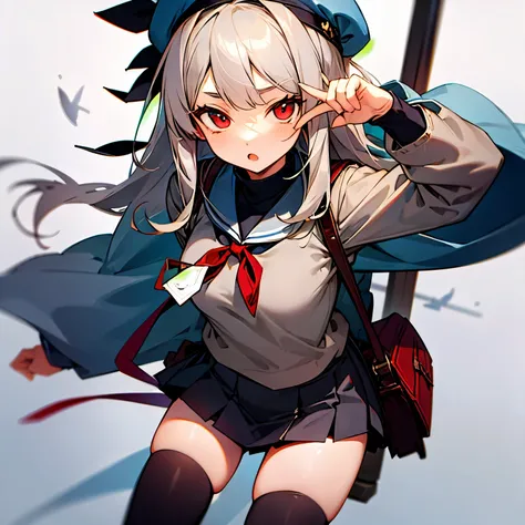 girl long gray hair brown beret beige sweater red eyes two-dimensional navy miniskirt