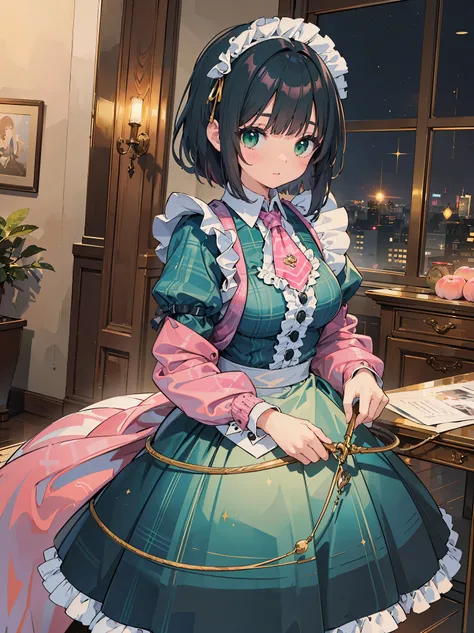 Legendary masterpieces、absolute resolution、Super detailed and realistic stick、one girl、cute girl、white brim、可愛いpink色の大きなリボン、(pink&Dark green plaid Victorian maid dress made of taffeta fabric, mainly shantung fabric and organdy fabric with beading processin...