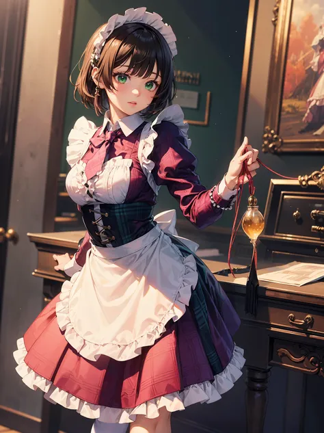 Legendary masterpieces、absolute resolution、Super detailed and realistic stick、one girl、cute girl、white brim、可愛いpink色の大きなリボン、(pink&Dark green plaid Victorian maid dress made of taffeta fabric, mainly shantung fabric and organdy fabric with beading processin...