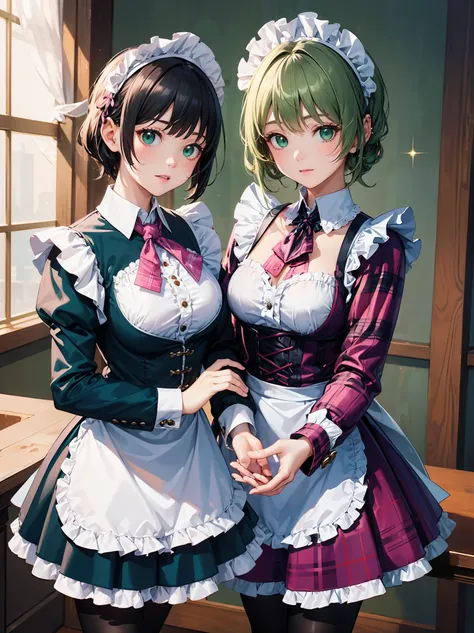 Legendary masterpieces、absolute resolution、Super detailed and realistic stick、one girl、cute girl、white brim、可愛いpink色の大きなリボン、(pink&Dark green plaid Victorian maid dress made of taffeta fabric, mainly shantung fabric and organdy fabric with beading processin...