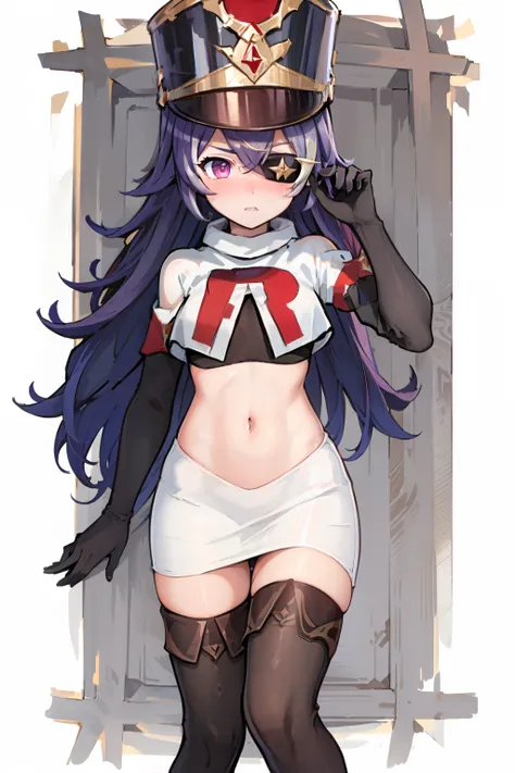 ((masterpiece,best quality)), 1girl, chevreuse, shako cap, eyepatch, detached sleeves, blush, team rocket,team rocket uniform,white skirt,red letter R,crop top,black thigh-highs,black elbow gloves
