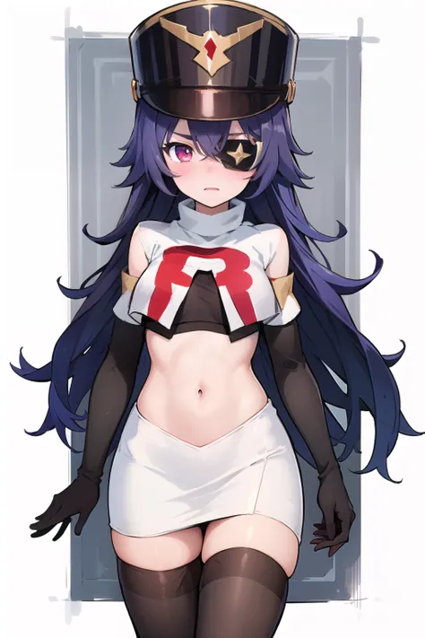 ((masterpiece,best quality)), 1girl, chevreuse, shako cap, eyepatch, detached sleeves, blush, team rocket,team rocket uniform,white skirt,red letter R,crop top,black thigh-highs,black elbow gloves