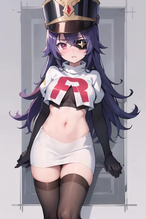 ((masterpiece,best quality)), 1girl, chevreuse, shako cap, eyepatch, blush, team rocket,team rocket uniform,white skirt,red letter R,crop top,black thigh-highs,black elbow gloves
