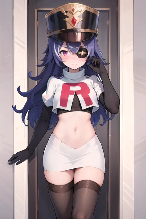 ((masterpiece,best quality)), 1girl, chevreuse, shako cap, eyepatch, blush, team rocket,team rocket uniform,white skirt,red letter R,crop top,black thigh-highs,black elbow gloves