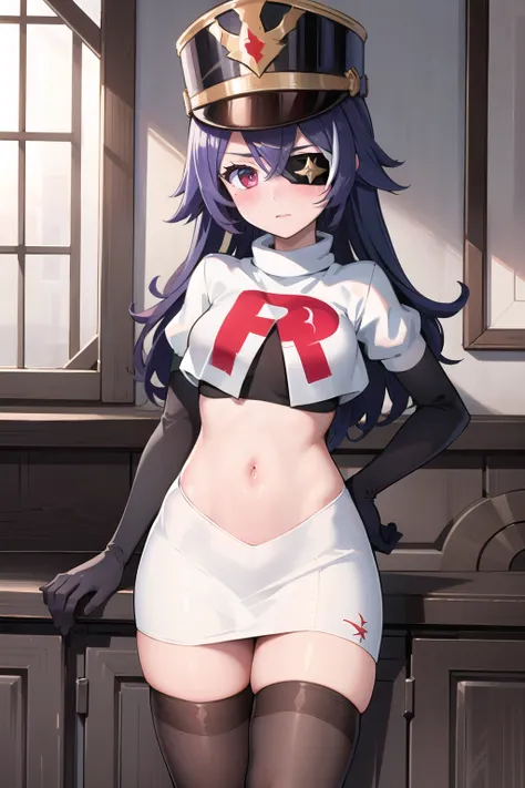 ((masterpiece,best quality)), 1girl, chevreuse, shako cap, eyepatch, blush, team rocket,team rocket uniform,white skirt,red letter R,crop top,black thigh-highs,black elbow gloves