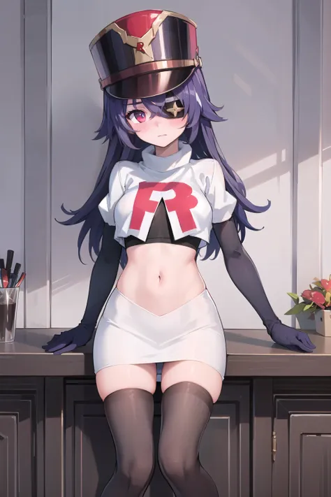 ((masterpiece,best quality)), 1girl, chevreuse, shako cap, eyepatch, blush, team rocket,team rocket uniform,white skirt,red letter R,crop top,black thigh-highs,black elbow gloves