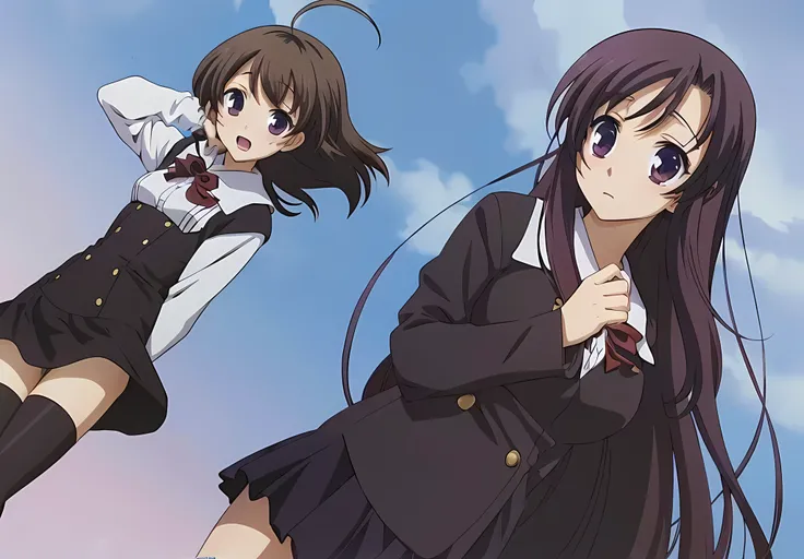 uniformed anime characters are flying through the air, haruhi suzumiya, Yuruyuri, anime ainda, Clannad, estilo de arte anime moe, in style of kyoto animation, filme de anime de alta qualidade ainda, Yuyushiki, Kyoto Animation Still, anime ainda image, Foto...