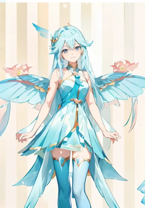 Anime girl with blue wings and blue skirt and red tie, anime goddess, Cute anime waifu wearing beautiful clothes, full body xianxia, my dress up darling anime, ethereal wings, beautiful youth spirit, exquisite and handsome wings, Smile like a fairy king, B...