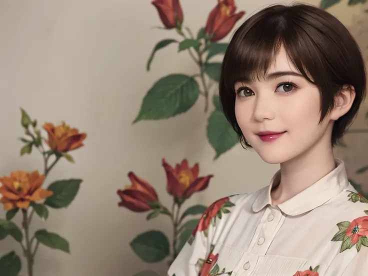 151
(20 year old woman,Floral clothing), (Super realistic), (high resolution), ((beautiful hairstyle 46)), ((short hair:1.46)), (gentle smile), (brest:1.1), (lipstick)
