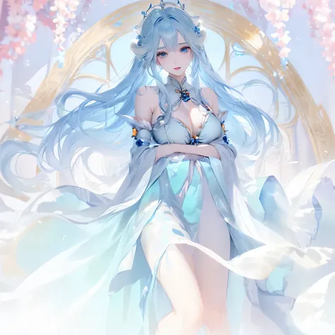 Anime girl wearing blue clothes，blue hair and blue clothes, flowing magic robe, ((beautiful fantasy queen)), Astral Witch Clothes, full body xianxia, Beautiful celestial mage, heise jinyao, beautiful fantasy queen, jellyfish priestess, Cotton Cloud Mage Ro...