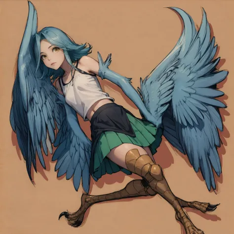 1 female, solo female, harpy, emerald green wings, beautiful wings, bird legs, sharp black talons, tan skin, tomboyish appearanc...