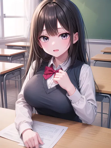 solo girl, 20 years old, (black hair:1.2), long hair, brown eyes,  medium breast, laugh,  red bowtie,white long sleeves shirt,black sweater vest, dark blue skirt,classroom, insanely detailed,  absurdres,  ultra-highres,  ultra-detailed,  best quality,  sle...