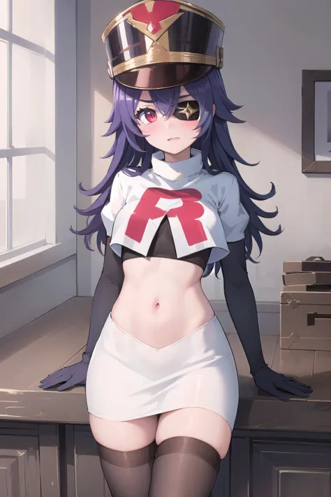 ((masterpiece,best quality)), 1girl, chevreuse, shako cap, eyepatch, blush, team rocket,team rocket uniform,white skirt,red letter R,crop top,black thigh-highs,black elbow gloves