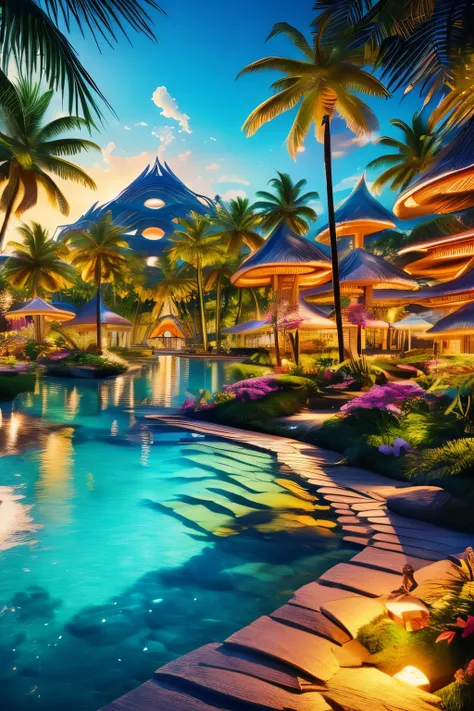 best quality, 32k, RAW photo, incredibly absurdres, extremely detailed, paradise resort, delicate, flashy and dynamic depiction