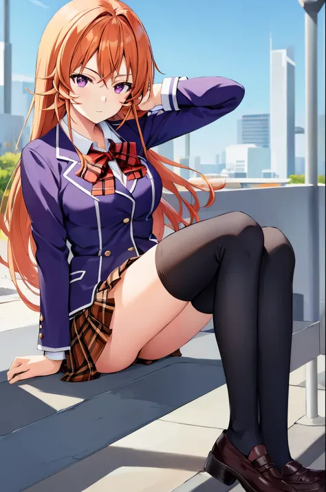 (masterpiece), best quality, expressive eyes, perfect face, highres, 1 girl, solo, erina nakiri, long hair, orange hair, (purple eyes:1.1), hair between eyes,skirt, thighhighs, bow, school uniform, jacket, pleated skirt, shoes, black thighhighs, zettai ryo...