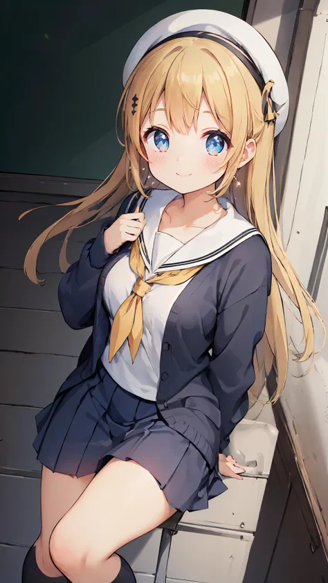 (masterpiece:1.2), (best quality), extremely detailed CG, ultra high res, fine line drawing, Ray Tracing, 1girl, solo, small breasts, cleavage, collarbone, long hair, hair is blonde color, floating hair, cheerful girl, ((school uniform, sailor suit, cardig...