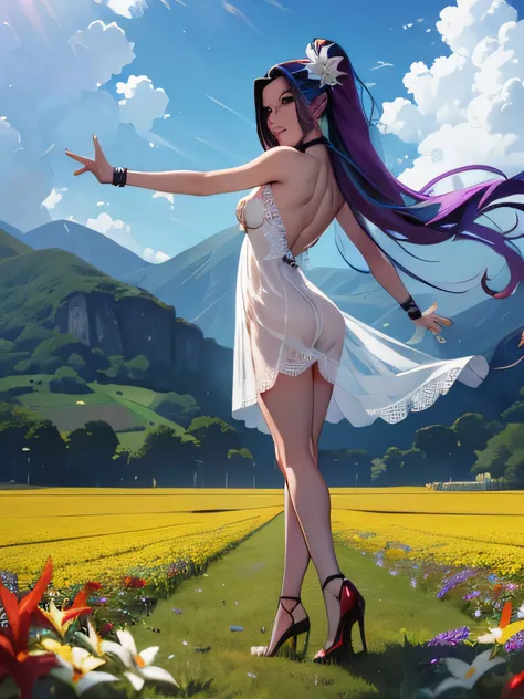 ariablaze from my little pony ,ariablaze as a girl , female body , Slender body , (((wind blowing))), (((((Two Sided hair))))) ,(((inside flower field))) , (((erotic posing))), (((spread arms))) ,posing, bent back ,(((sheer lace transparent open dress))) ,...