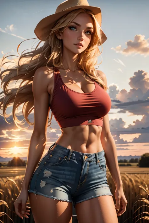 sexy farm girl with cowboy hat standing in a wheat field, tan skin, long blonde hair, cut-off jean shorts, athletic and fit body...