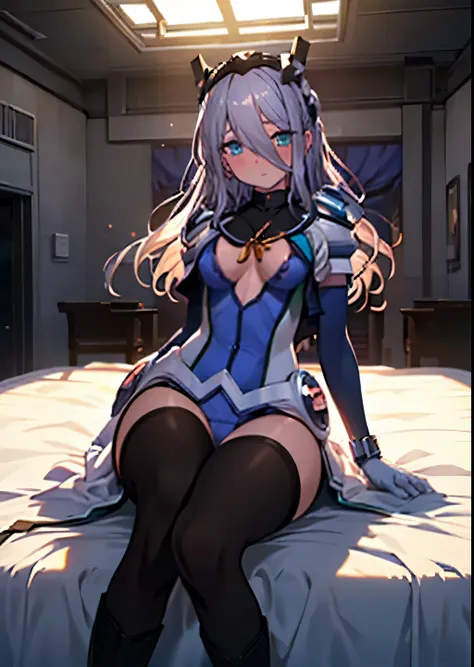 highest quality,sleep on your back in bed，Crab crotch，show me your boots，thigh high boots，leotardチラ見せ，glove，elegant, 1 girl, leotard，body suit，cute, blushed, looking at the viewer, from below, prison，blue eyes, beautiful eyes, beautiful background, particl...