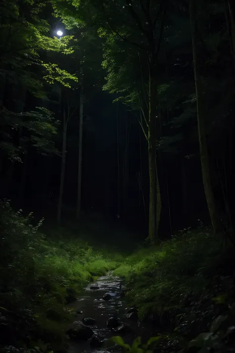 Imagem de uma floresta bizarra e assustadora durante a noite com algo na floresta olhando o observador, lugar sombrio e sujo, noite sem lua, floresta escura, floresta retorcida e sobrenatural, lugar bizarro saido de um pesadelo