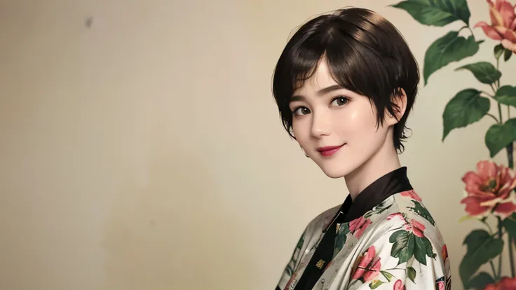 151
(20 year old woman,Floral clothing), (Super realistic), (high resolution), ((beautiful hairstyle 46)), ((short hair:1.46)), (gentle smile), (brest:1.1), (lipstick)
