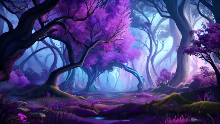 purple swamp, blue, magenta, cyan and violet tones, conceptual game art, purple grass, only purple leaves, cyan dirt, vivid colors, trees with twisted branches, enchanted atmosphere, ethereal beauty, game concept art, digital drawing art style
