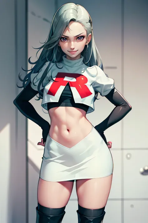 saep5 ,glossy lips ,team rocket uniform, red letter r, white skirt,white crop top,black thigh-high boots, black elbow gloves, ev...