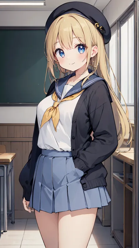 (masterpiece:1.2), (best quality), extremely detailed CG, ultra high res, fine line drawing, Ray Tracing, 1girl, solo, small breasts, cleavage, collarbone, long hair, hair is blonde color, floating hair, cheerful girl, ((school uniform, sailor suit, cardig...