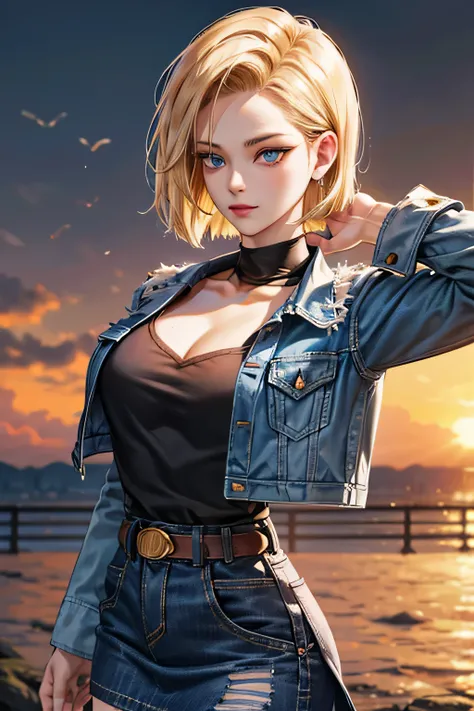 android 18, android 18, blonde hair, blue eyes, eyelash, hoop earrings, short hair, earrings, break belt, black legwear, black shirt, breast pocket, cleavage, clavicle, denim, denim skirt, high-waist skirt, jewelry, long sleeve, pocket, shirt, shirt tucked...