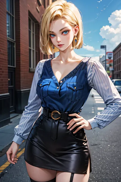 android 18, android 18, blonde hair, blue eyes, eyelash, hoop earrings, short hair, earrings, break belt, black legwear, black shirt, breast pocket, cleavage, clavicle, denim, denim skirt, high-waist skirt, jewelry, long sleeve, pocket, shirt, shirt tucked...