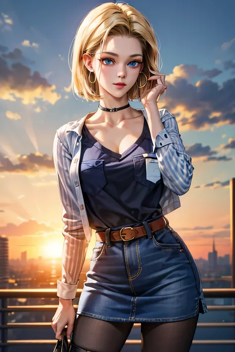 android 18, android 18, blonde hair, blue eyes, eyelash, hoop earrings, short hair, earrings, break belt, black legwear, black shirt, breast pocket, cleavage, clavicle, denim, denim skirt, high-waist skirt, jewelry, long sleeve, pocket, shirt, shirt tucked...