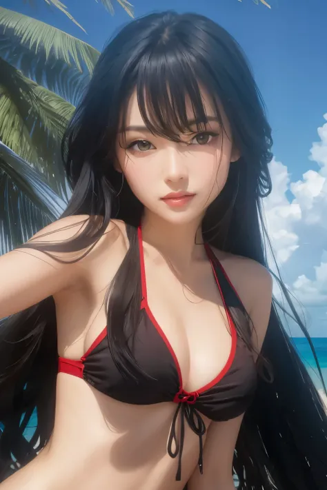 beautiful girl in bikini posing in front of tree, beautiful seductive girl, attractive beautiful girl, beautiful girl long black hair, red eyes, beach background. realistic, high quality, high detail.