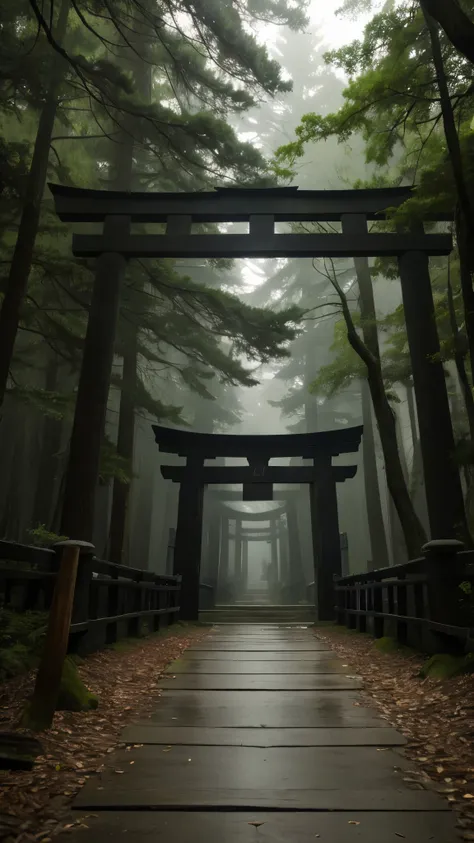 torii, in the deep forest、dense fog、Creepy、dim