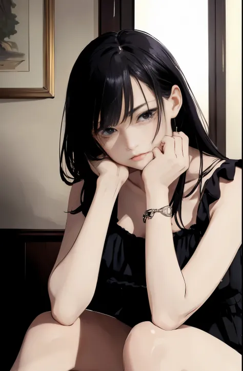 ((highest quality)), ((masterpiece)), (become familiar with), perfect face is sad　Are crying　girl　dark room　one piece　tears　anxious face　Are crying　black hair　Slightly looking down　sitting　The whole body is shown　beautiful woman