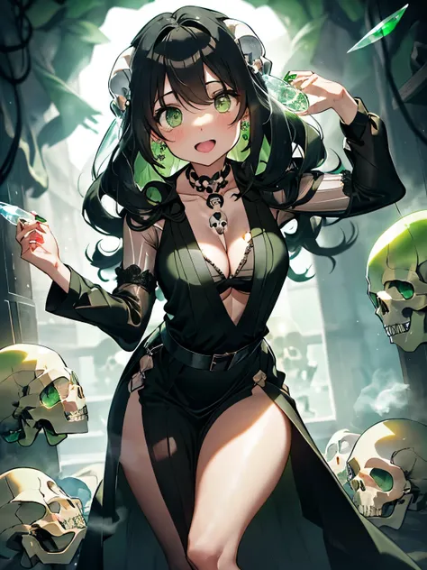 character//1 girl,(greenish shiny black hair:1.2),((Long curled hair:1.2)),(With bangs),((Green eyes that emit a suspicious light:1.3)),((eye size:1.6)),BREAK//(black witch-like robe:1.3),(A long skirt with a slit that shows your legs:1.5),(The chest is op...