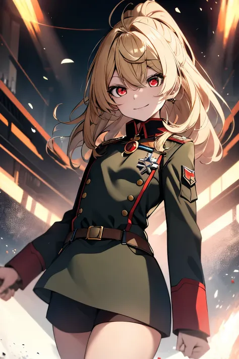 (masterpiece, best quality: 1.1), 1girl solo, tanya, 1girl, solo, , flat chest, small breasts, curvy, military, military uniform, ,, evil smile, wicked expression, anger, red eyes, neutral lighting