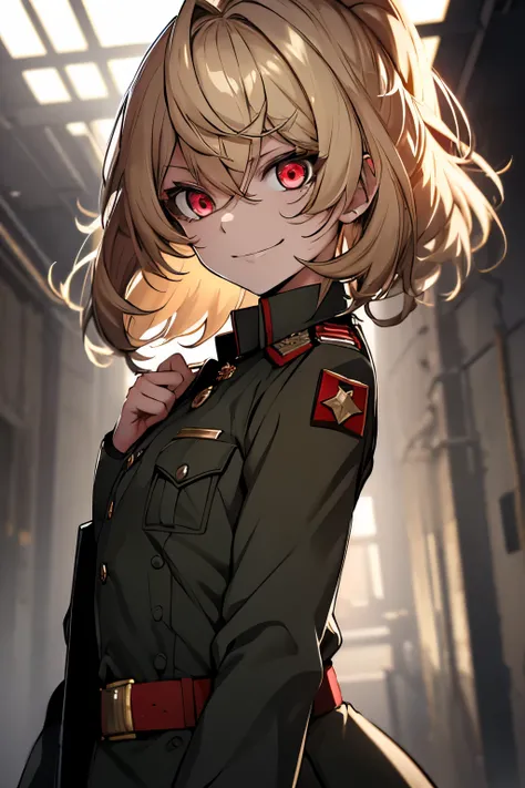 (masterpiece, best quality: 1.1), 1girl solo, tanya, 1girl, solo, , flat chest, small breasts, curvy, military, military uniform, ,, evil smile, wicked expression, anger, red eyes, neutral lighting
