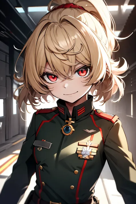 (masterpiece, best quality: 1.1), 1girl solo, tanya, 1girl, solo, , flat chest, small breasts, curvy, military, military uniform, ,, evil smile, wicked expression, anger, red eyes, neutral lighting
