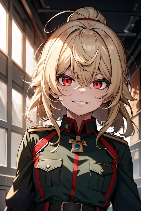 (masterpiece, best quality: 1.1), 1girl solo, tanya, 1girl, solo, , flat chest, small breasts, curvy, military, military uniform, ,, evil smile, wicked expression, anger, red eyes, neutral lighting